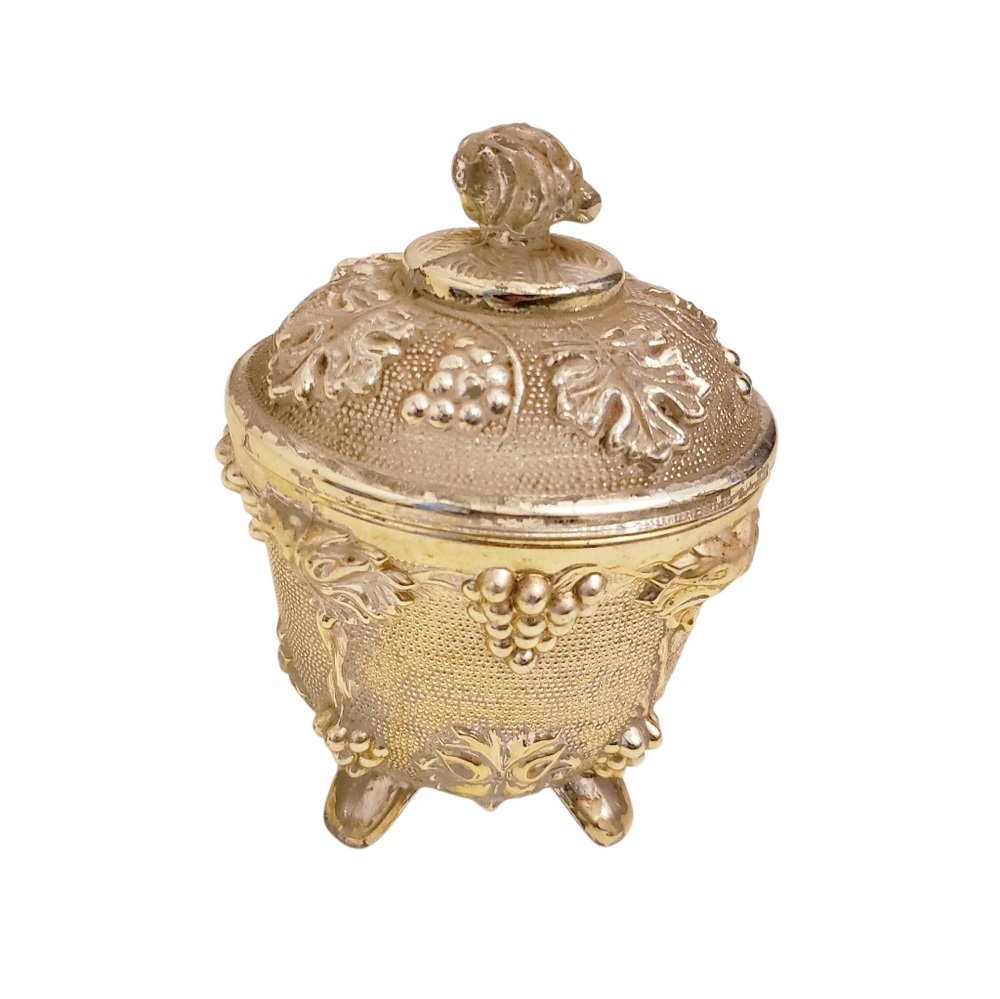 Vintage Ornate Glass Footed Harvet Grapes Pattern Gold Trim Trinket Dish w/ Lid